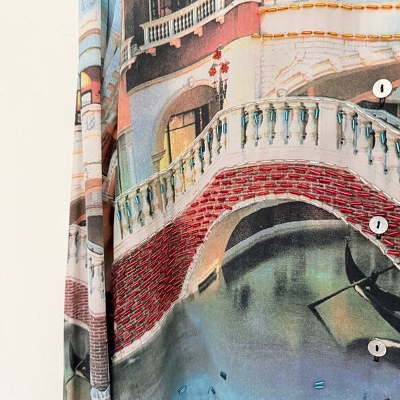 Vintage Nicole Taylor Silk Beaded Scenic Landscape Venice Italy Print Shirt L - Picture 6 of 12